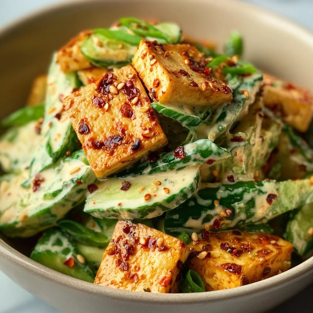 Easy Creamy Asian Cucumber Salad with Crispy Tofu
