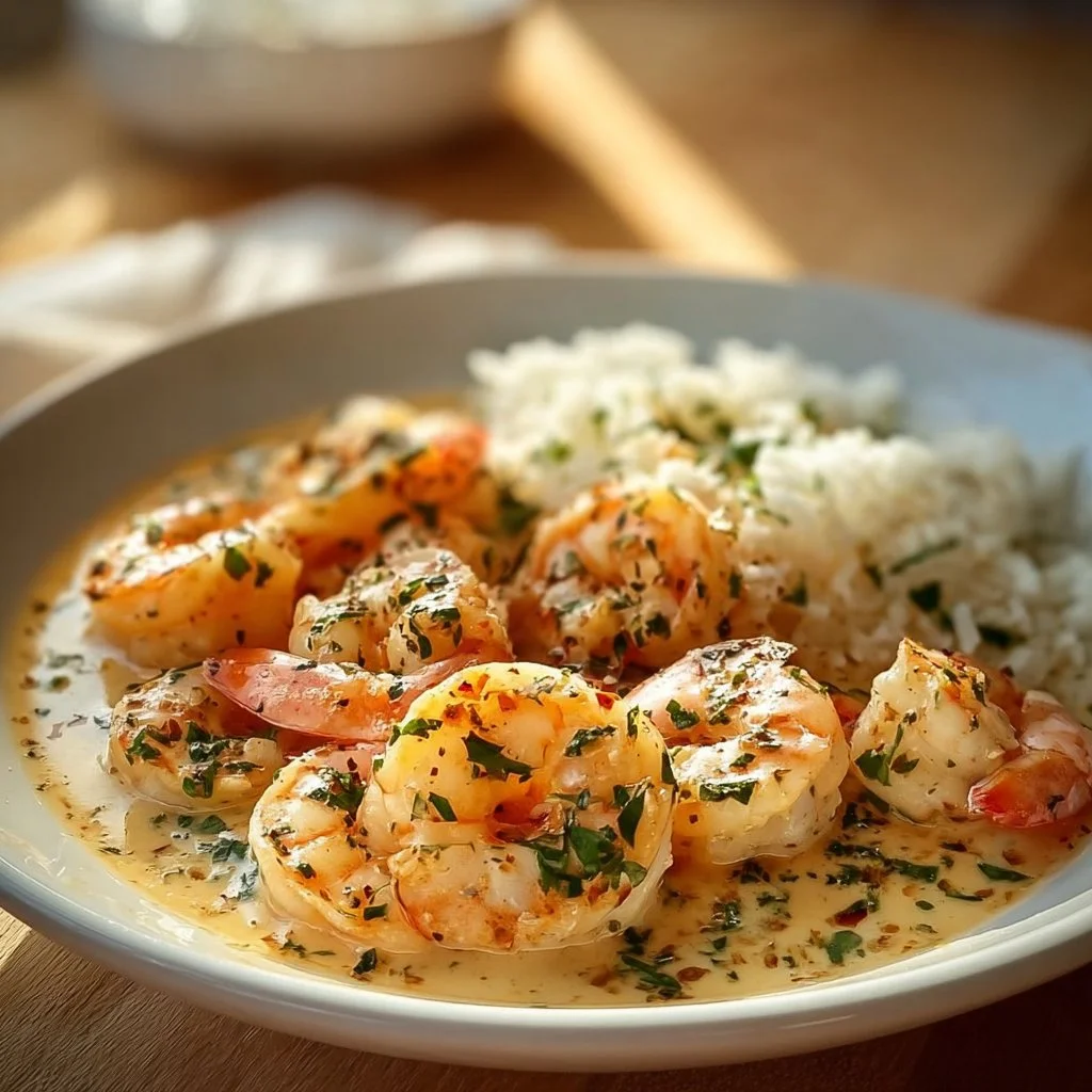 Delicious easy creamy garlic shrimp dish served with herbs and spices.