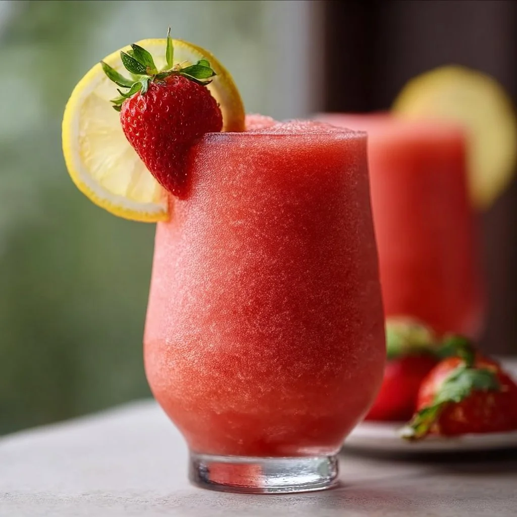 A refreshing glass of easy frozen strawberry lemonade with strawberries on the rim.