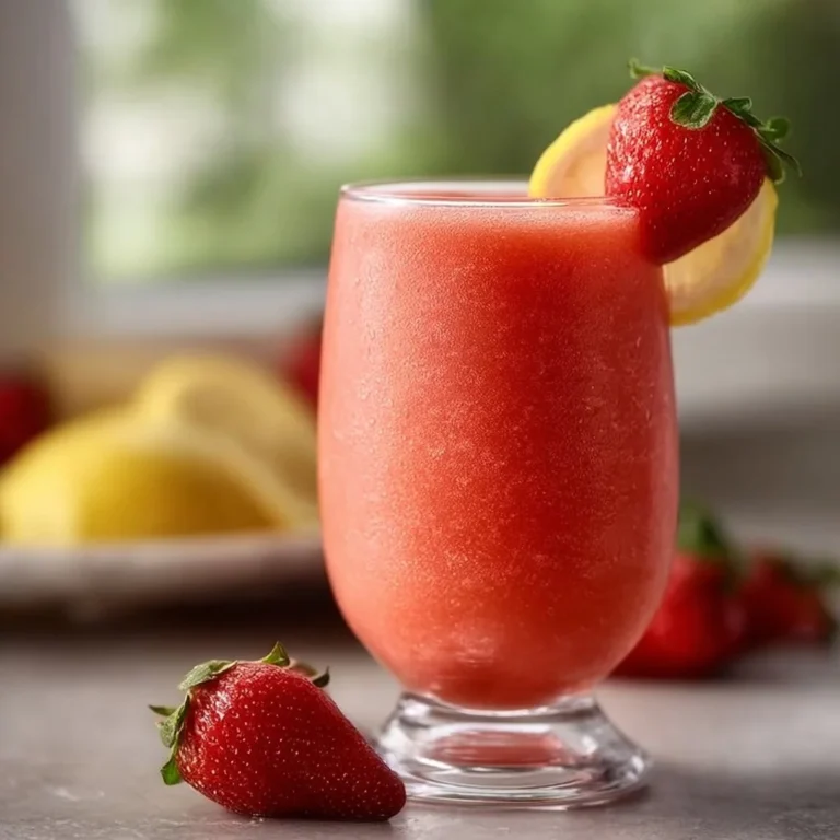 Refreshing easy frozen strawberry lemonade in a glass with strawberries and lemon slices.