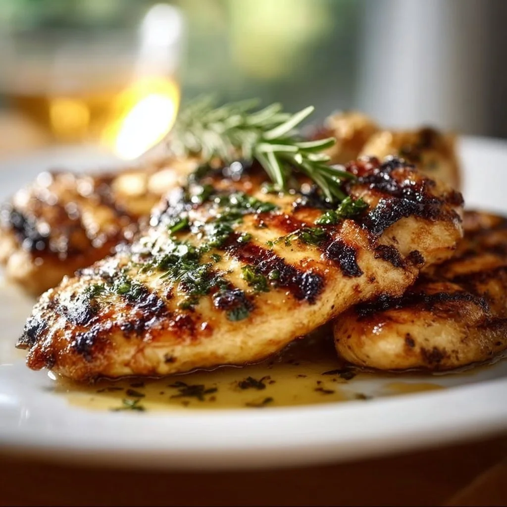 Easy grilled chicken on a plate with herbs and side dishes