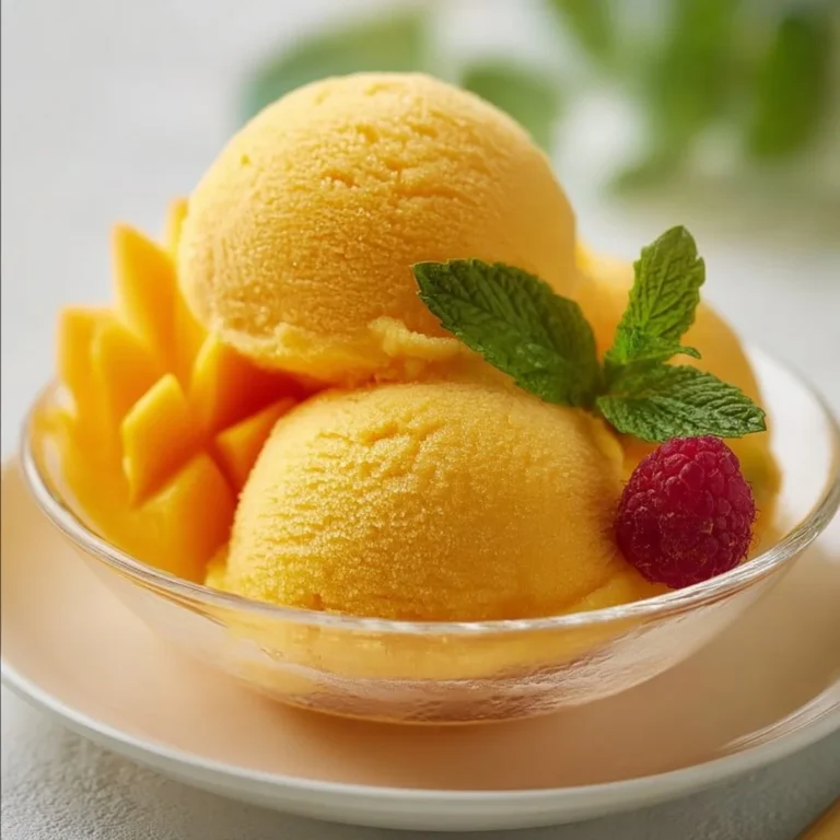Bowl of easy mango sorbet made without an ice cream maker