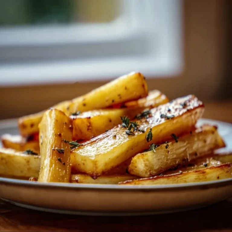 Plate of easy Maple Roasted Parsnips garnished and ready to serve.