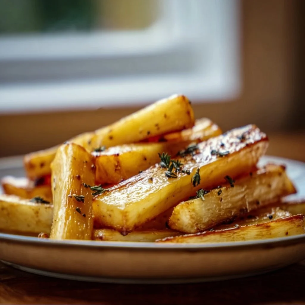 Plate of easy Maple Roasted Parsnips garnished and ready to serve.