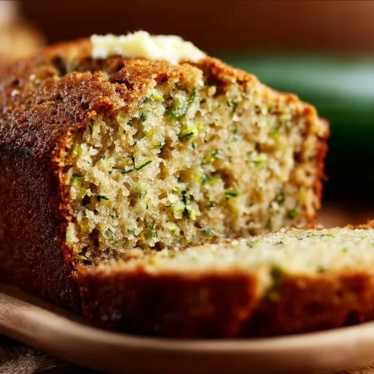Slice of moist zucchini bread on a wooden cutting board