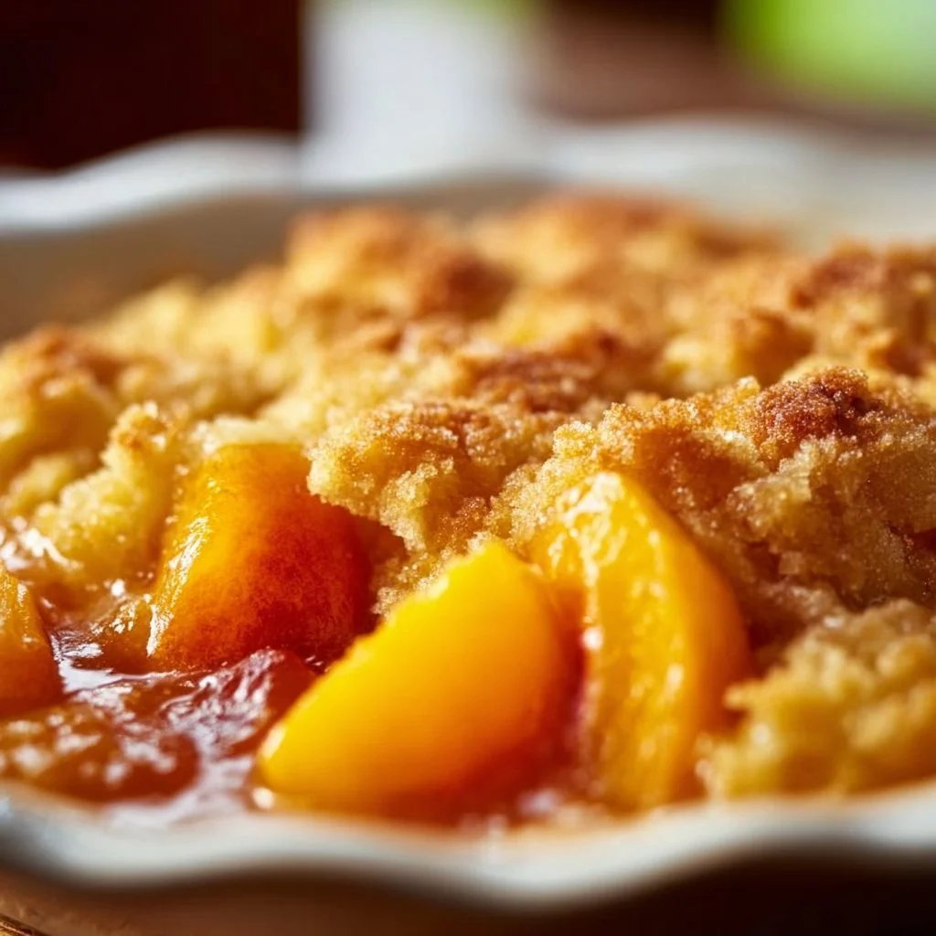 Delicious easy peach cobbler made with canned peaches served in a bowl.