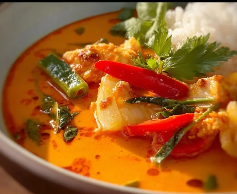 Bowl of easy Thai red curry served with fresh vegetables and rice