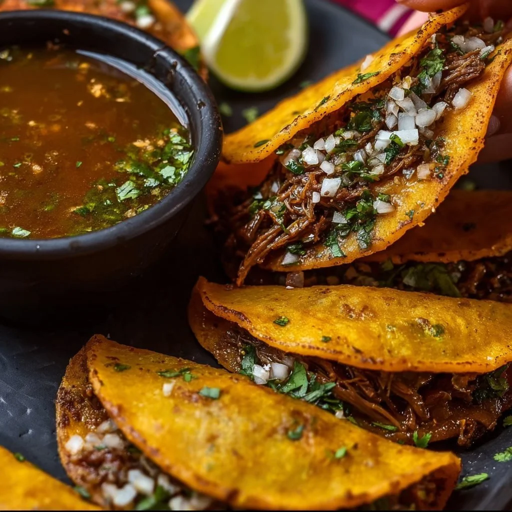 Delicious and vibrant plate of Birria Tacos served with garnishes
