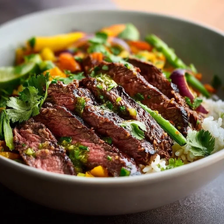 Flank steak bowl with fresh vegetables and garnishes