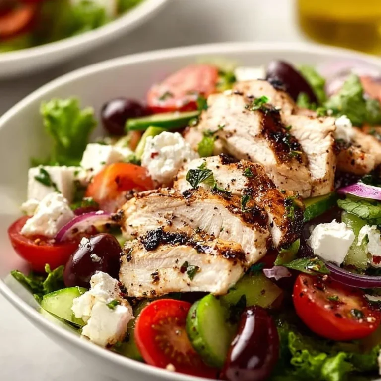 Fresh Greek salad with grilled chicken, tomatoes, cucumbers, and olives.