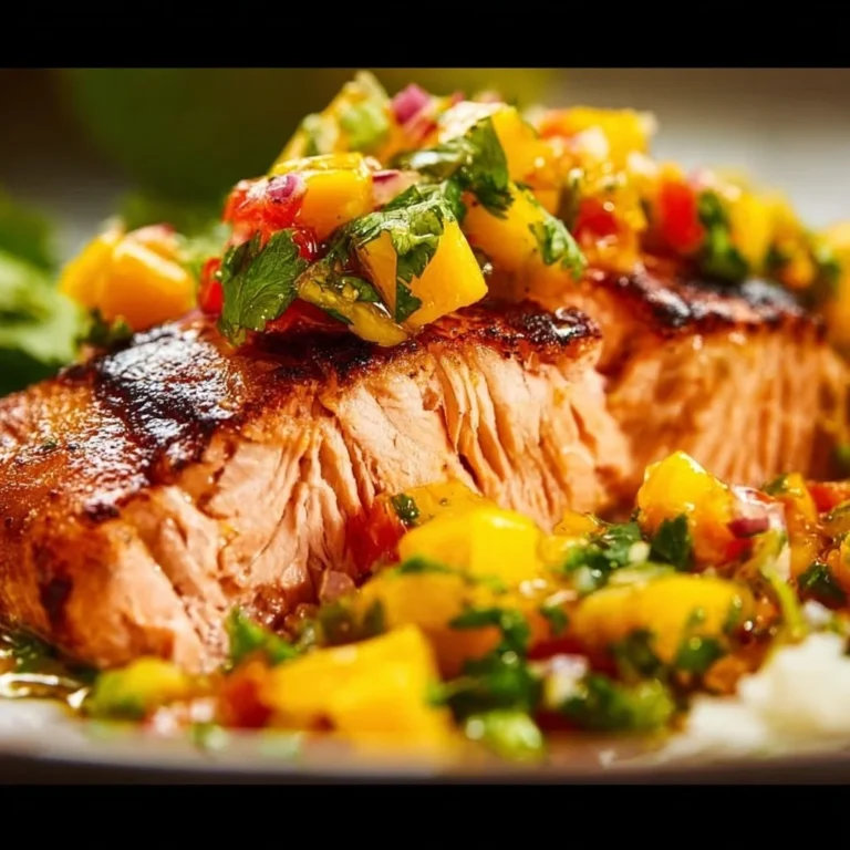 Fresh salmon fillet served with mango salsa garnish