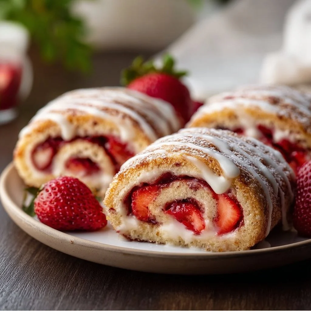 Delicious fresh strawberry rolls on a plate, garnished with mint leaves.