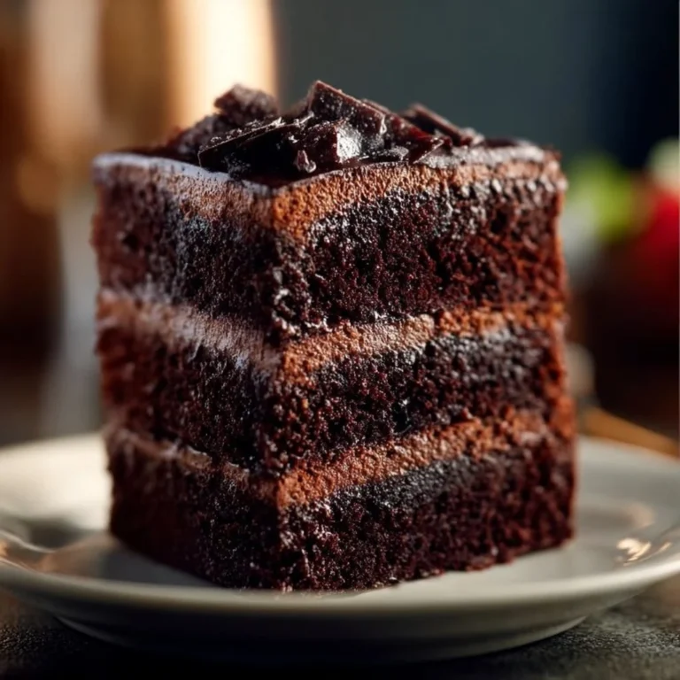 Fudgy triple layer brownie cake with rich chocolate layers and decadent frosting