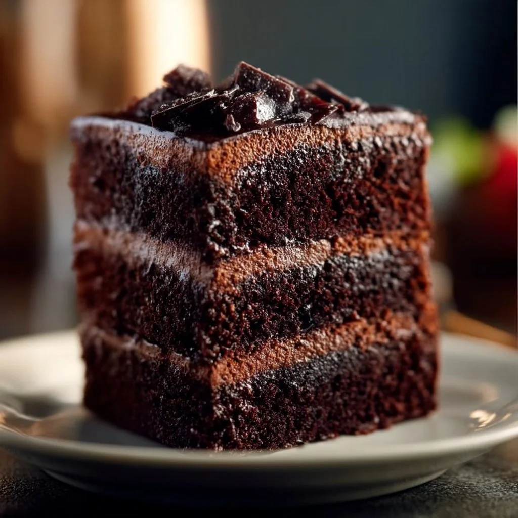 Fudgy triple layer brownie cake with rich chocolate layers and decadent frosting