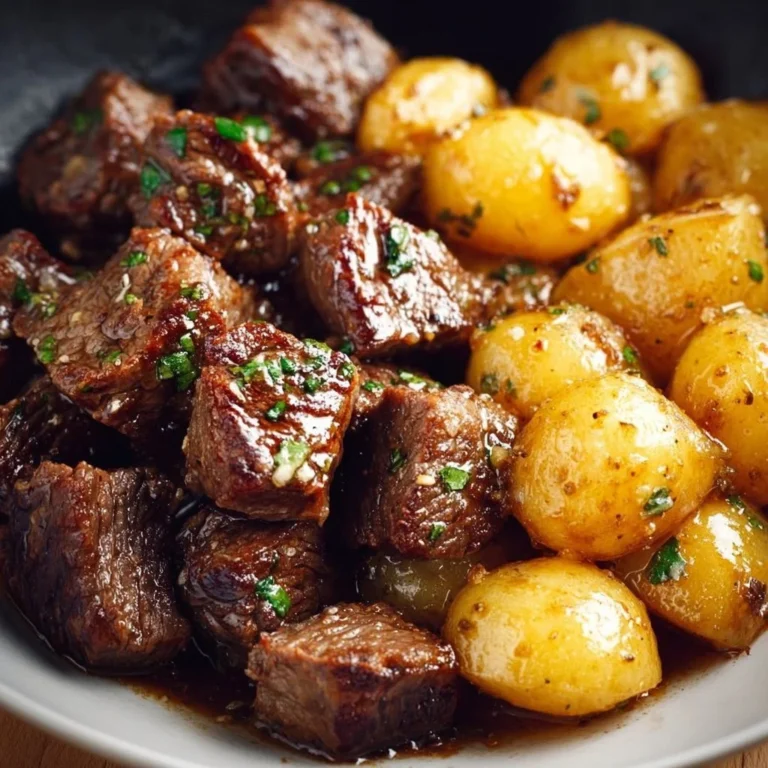 Garlic Butter Beef Bites served with golden potatoes on a plate