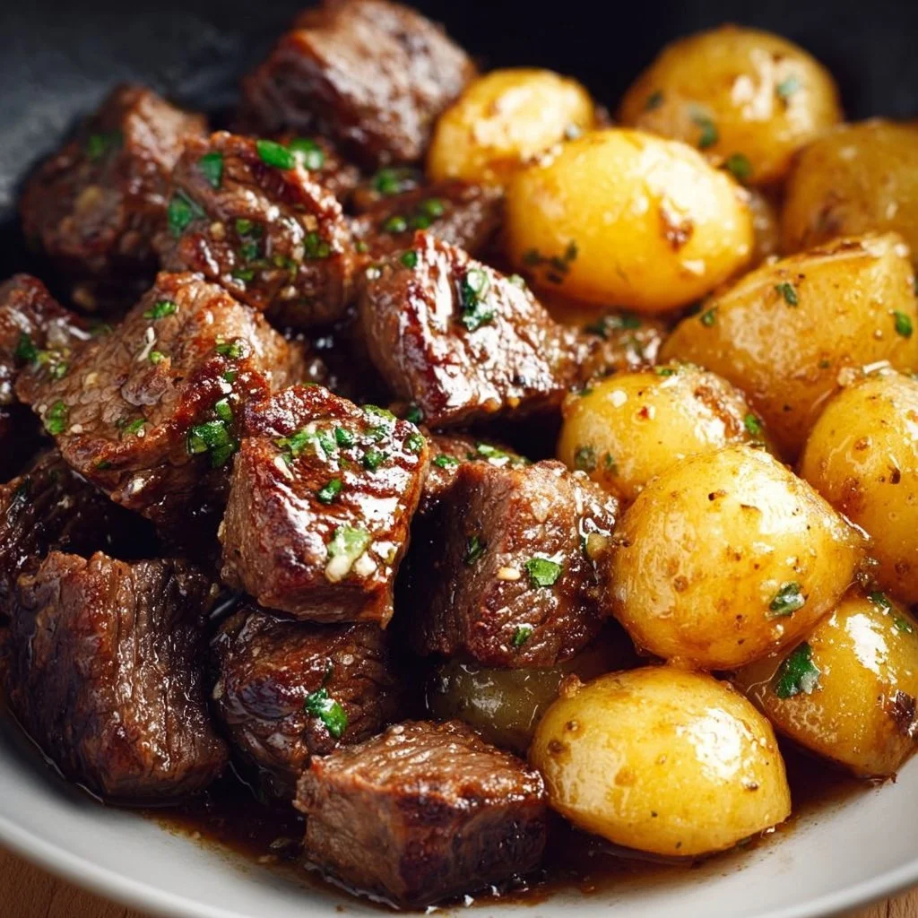 Garlic Butter Beef Bites served with golden potatoes on a plate
