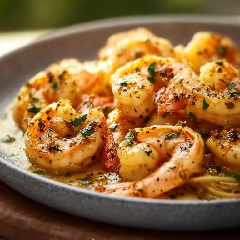 Plate of garlic butter shrimp garnished with herbs