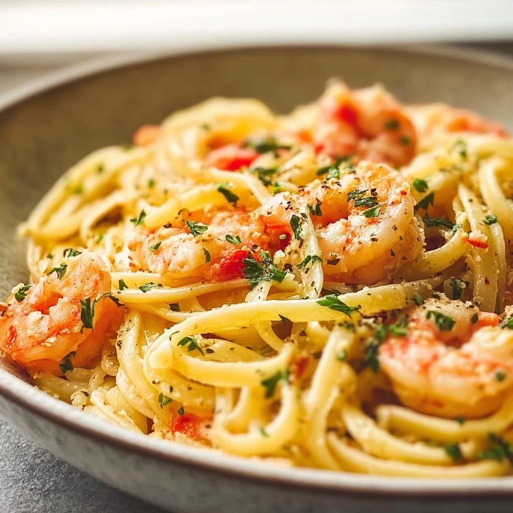 Delicious Garlic Butter Shrimp Pasta garnished with parsley in a bowl