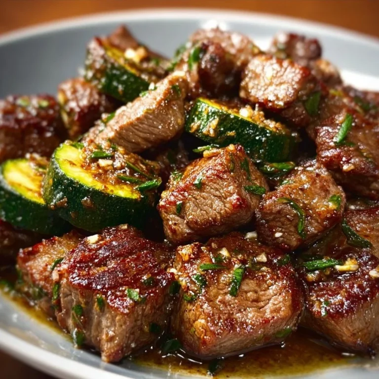 Delicious garlic butter steak bites garnished with herbs on a wooden platter.