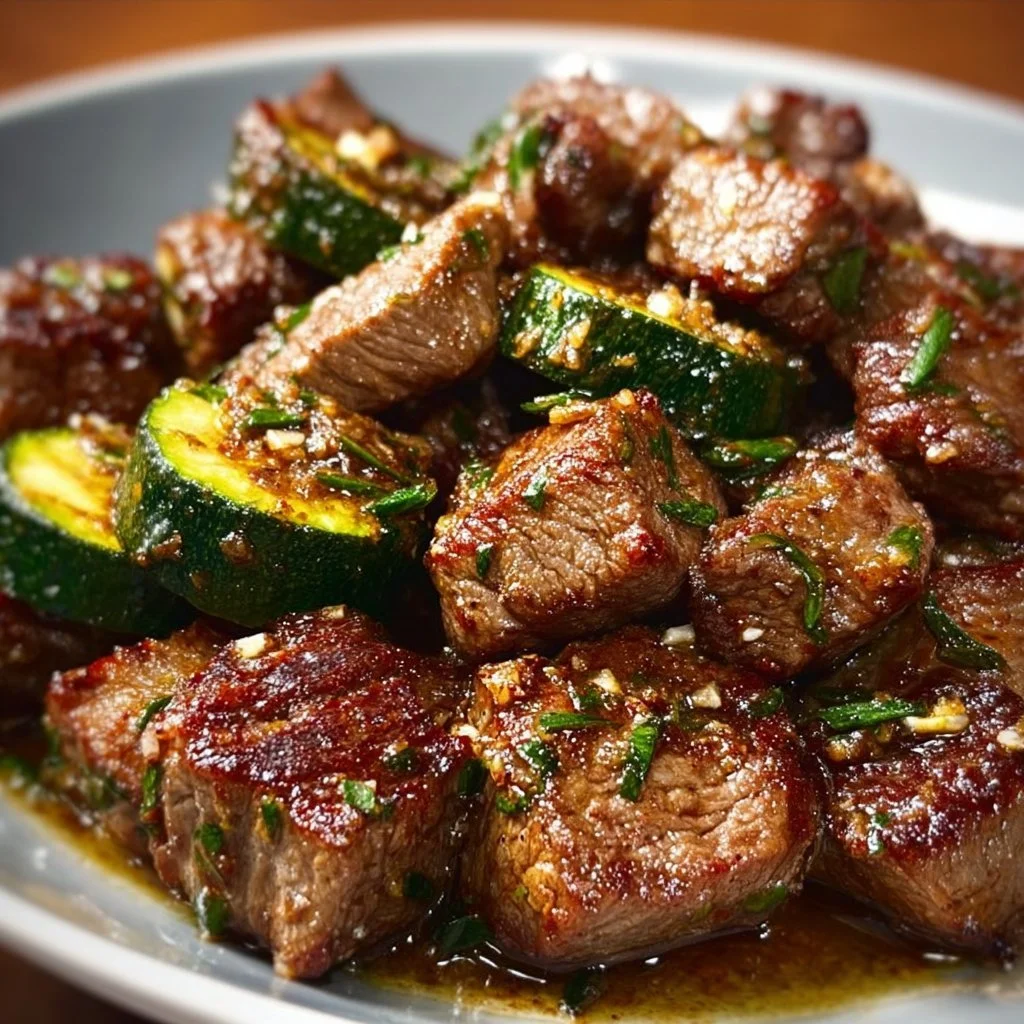 Delicious garlic butter steak bites garnished with herbs on a wooden platter.