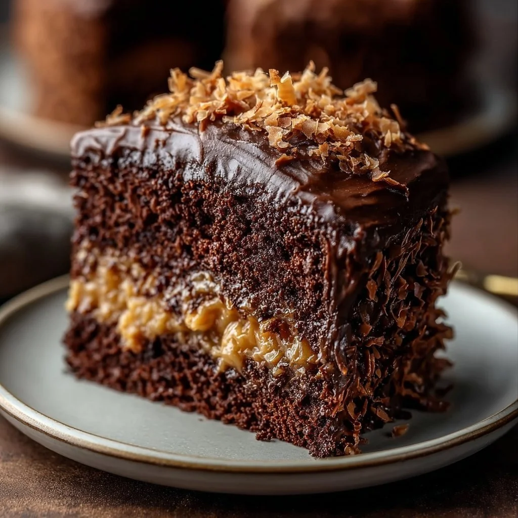 Delicious homemade German Chocolate Cake with coconut and pecan frosting