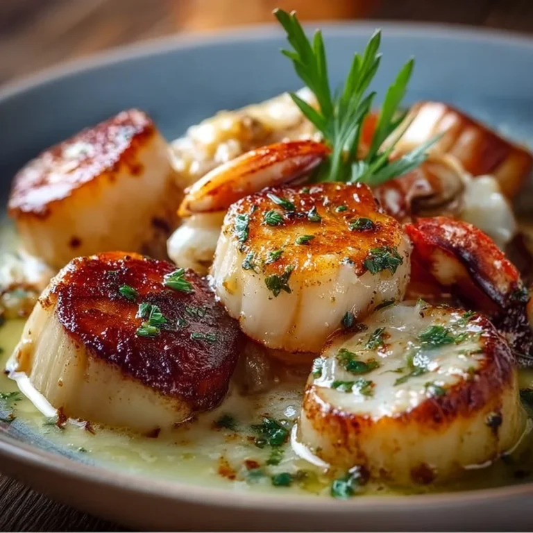 Delicious gourmet seafood cassolette with shrimp, scallops, and herbs