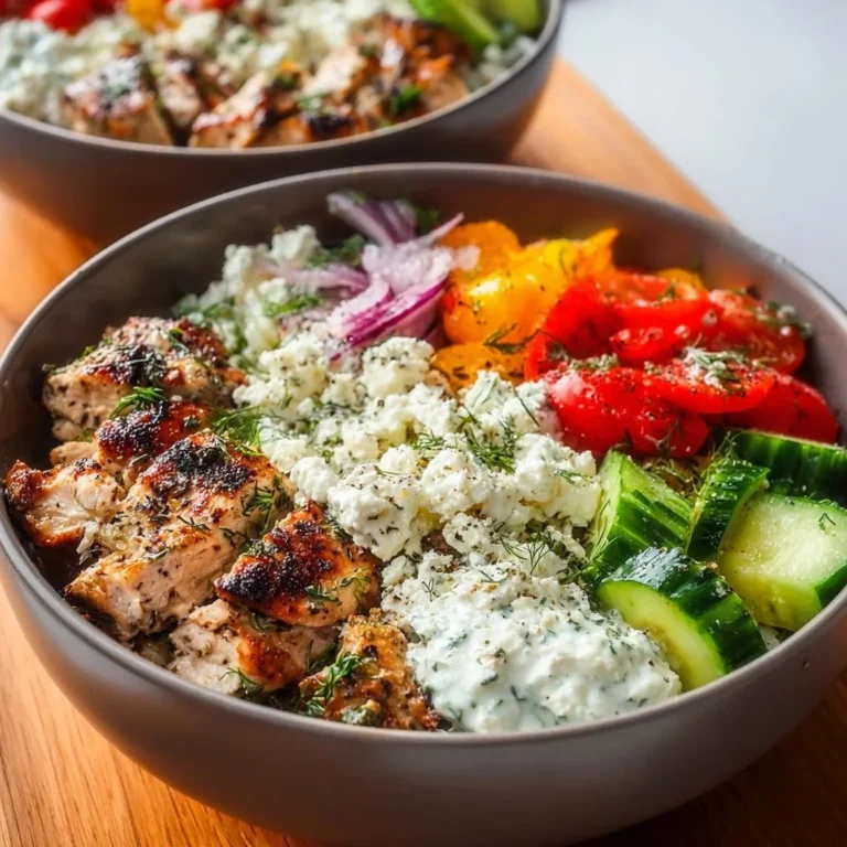 A healthy Greek Chicken Bowl filled with grilled chicken, fresh vegetables, and tzatziki sauce.
