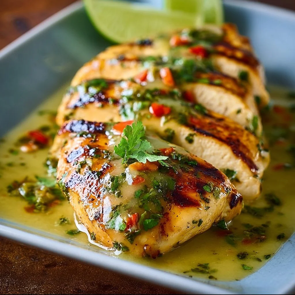 Grilled Salsa Verde Chicken topped with melted Pepper Jack cheese and garnished.