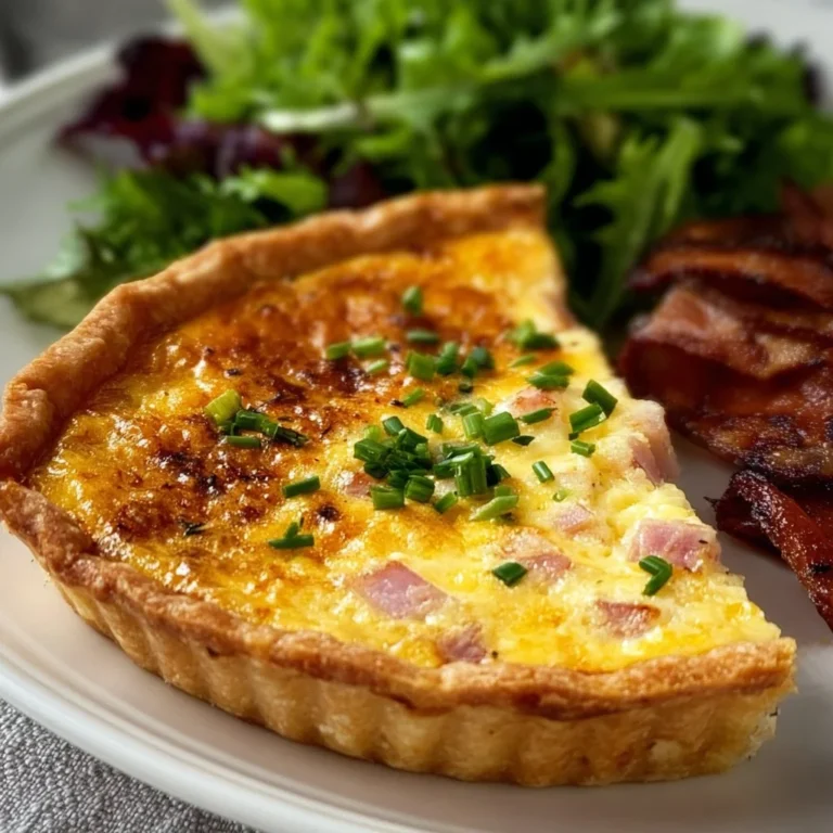 Delicious Ham & Cheese Quiche freshly baked, served on a plate.
