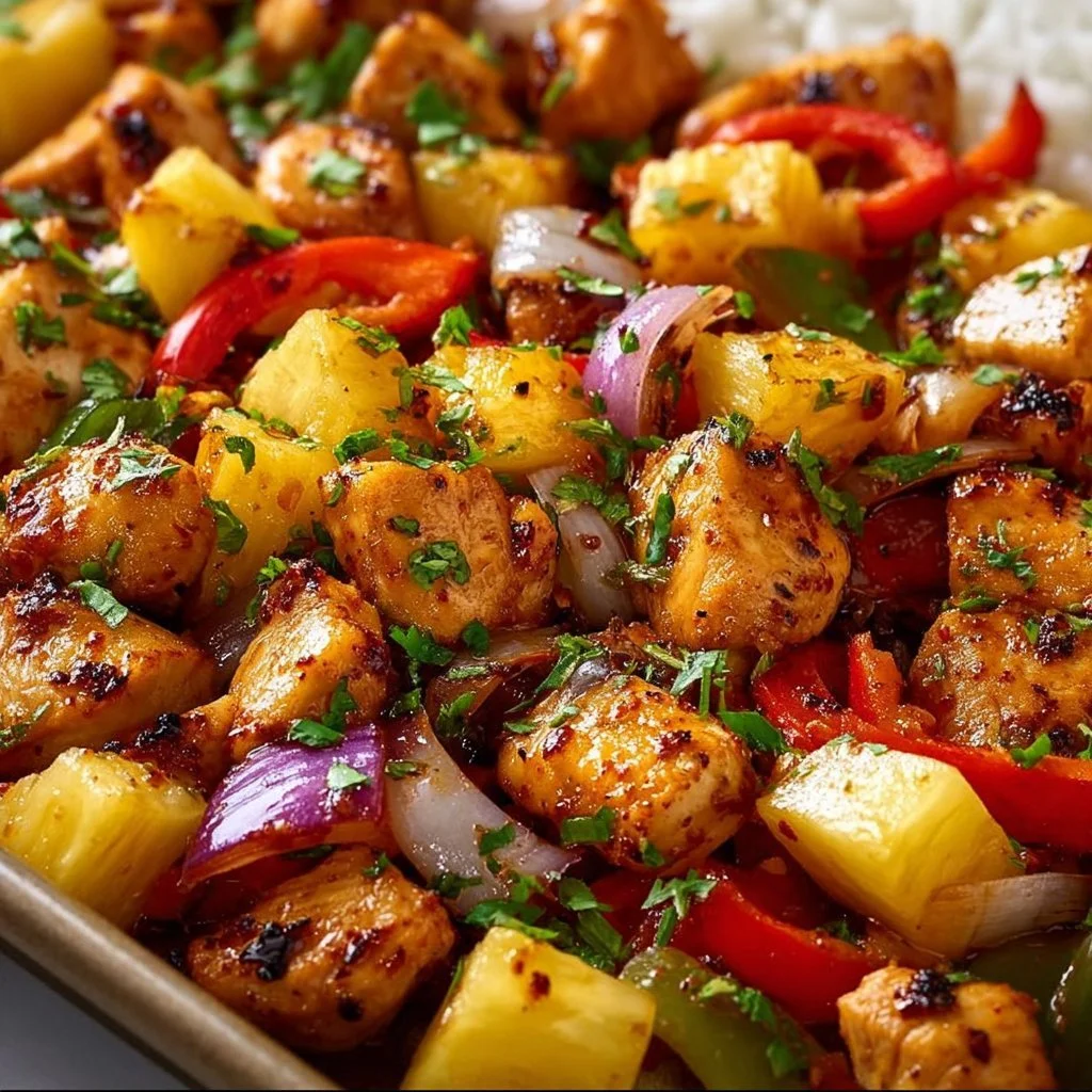 Delicious Hawaiian Chicken Sheet Pan with colorful vegetables and pineapple