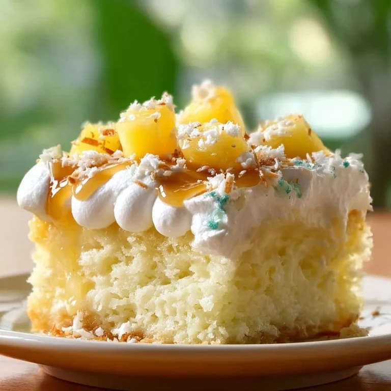 Delicious Hawaiian Poke Cake topped with coconut and pineapple layers