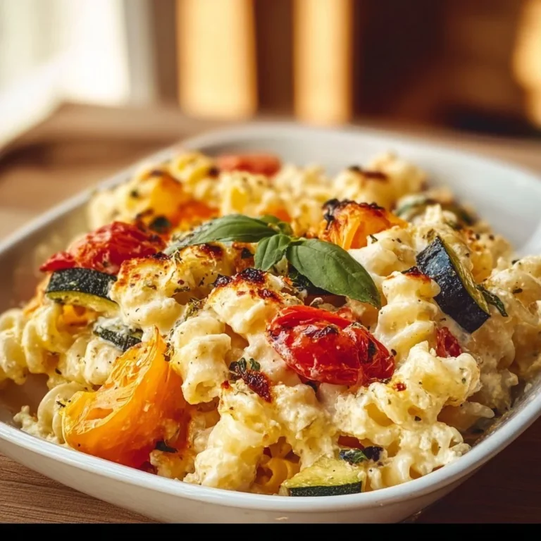 Healthy baked feta pasta with colorful vegetables served in a bowl
