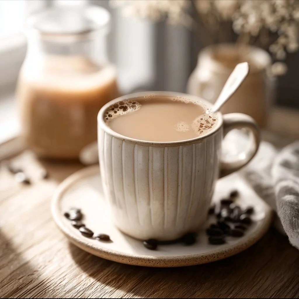A cup of coffee with healthy coffee creamer poured in, enhancing flavor and nutrition.