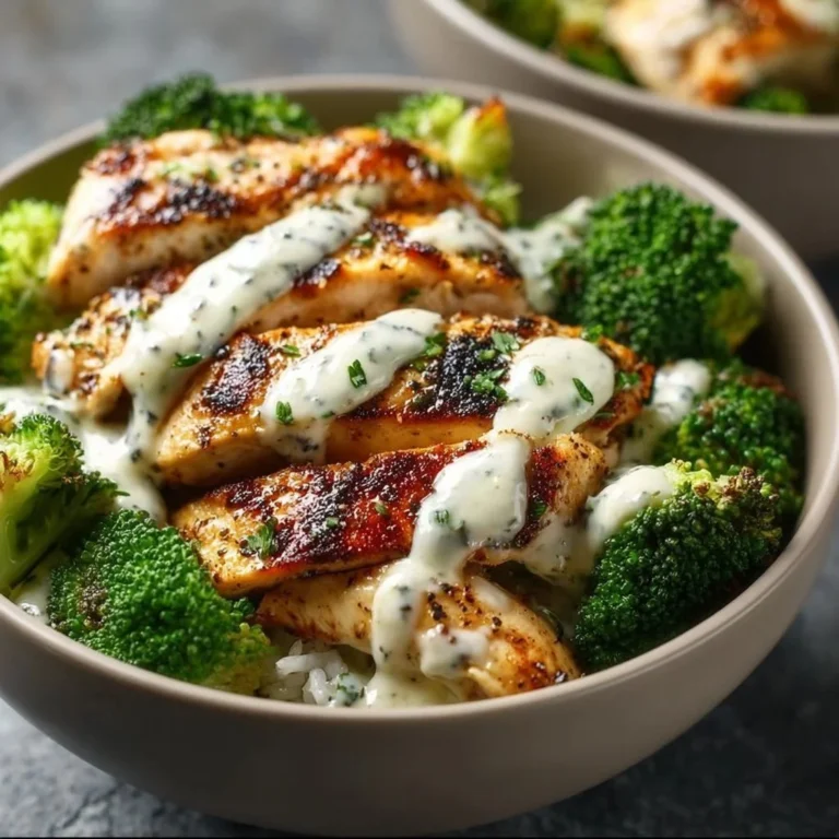 Healthy grilled chicken bowl with broccoli and creamy garlic sauce