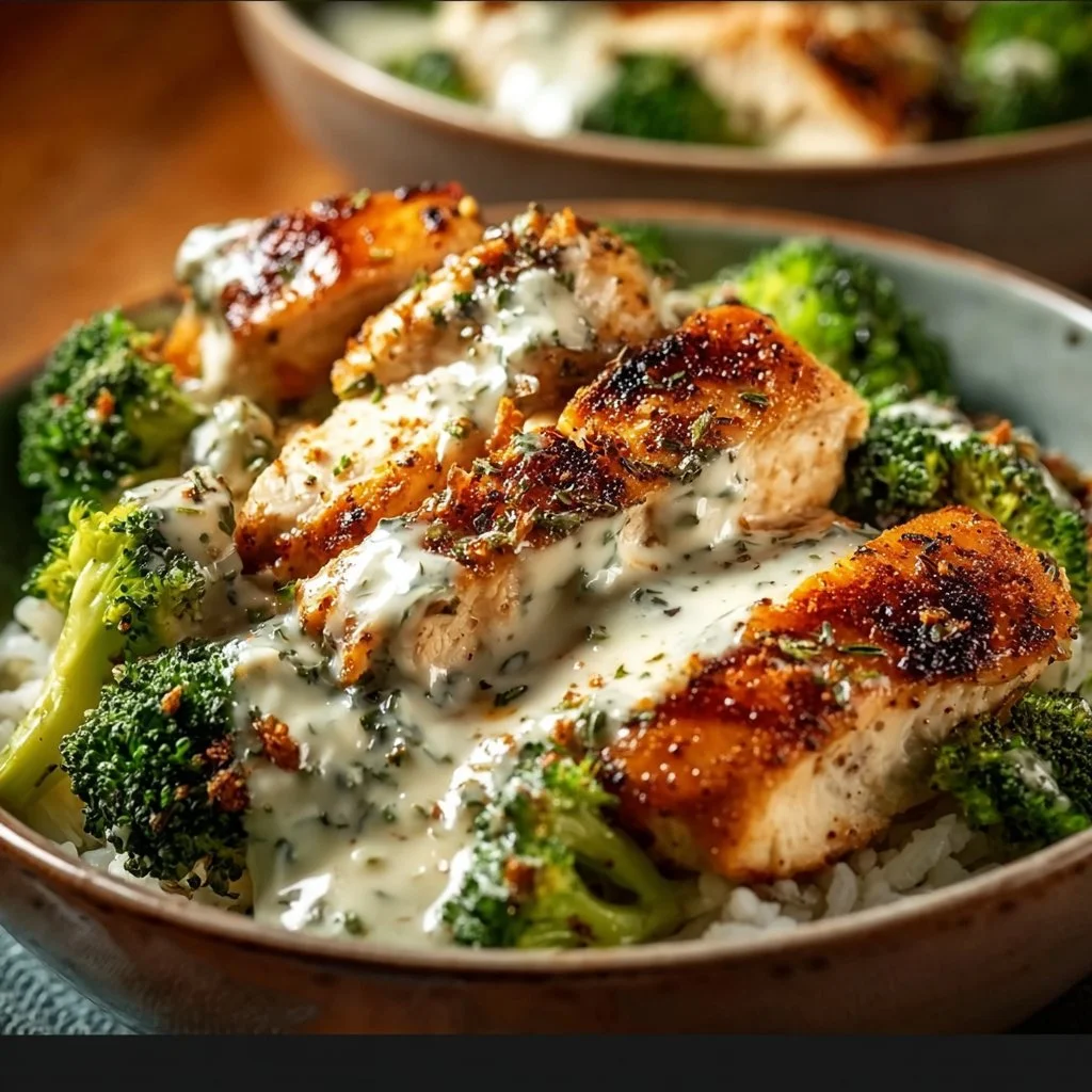 Healthy Grilled Chicken Broccoli Bowls with Creamy Garlic Sauce