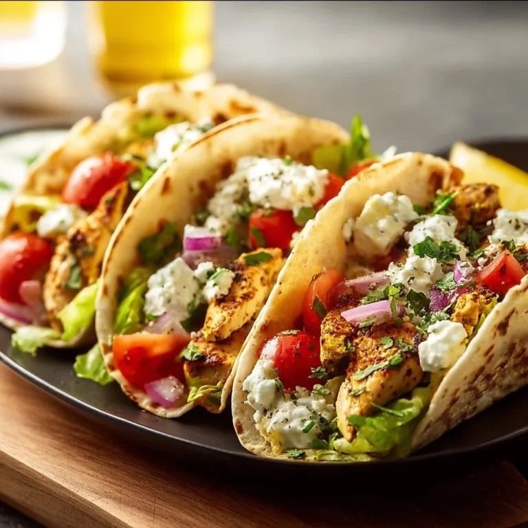 Healthy Mediterranean chicken tacos with fresh veggies and spices on a plate