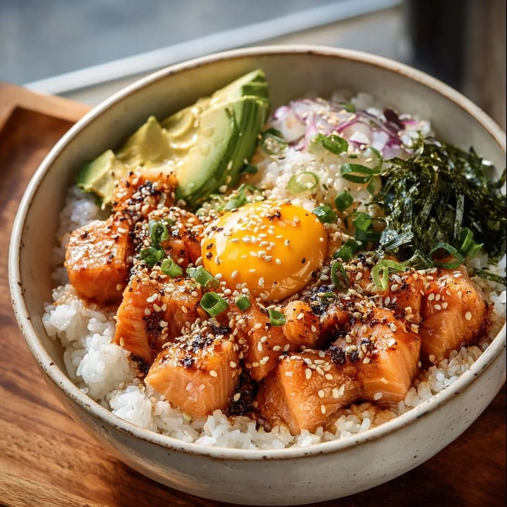 Healthy salmon rice bowl with vegetables and garnishes