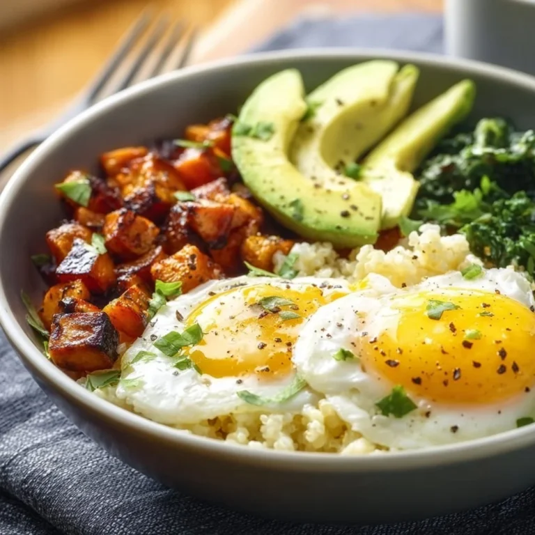 High-protein breakfast bowl with eggs, quinoa, and fresh vegetables