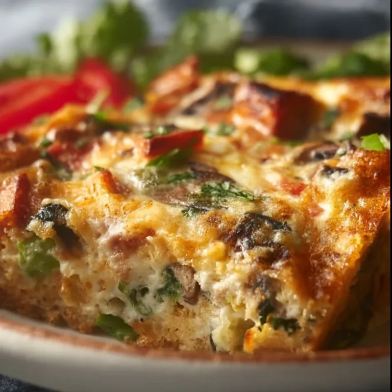 High protein breakfast casserole with eggs, vegetables, and cheese