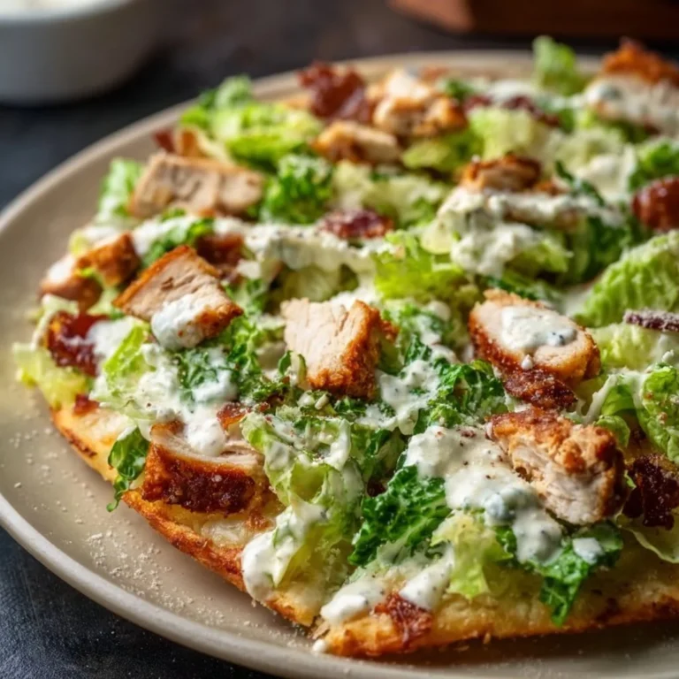 High Protein Chicken Caesar Salad Pizza with fresh ingredients and toppings