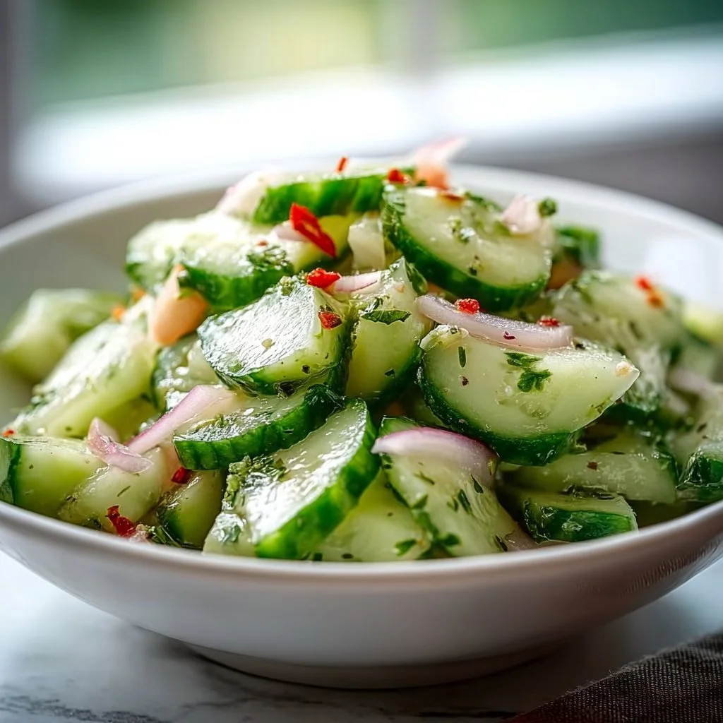 High-protein cucumber salad with fresh ingredients in a bowl