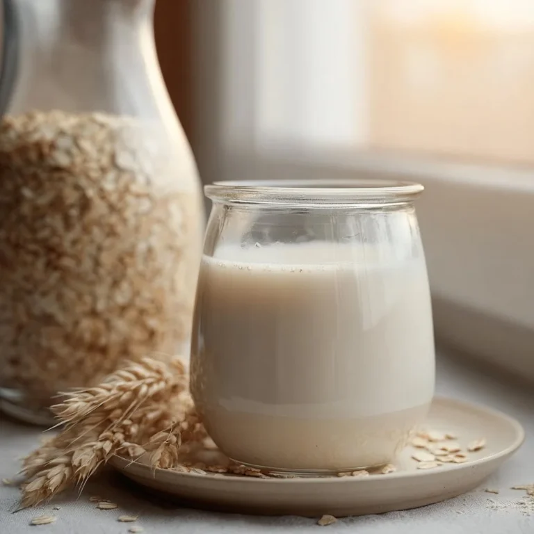 Homemade oat milk in a glass with ingredients on a kitchen counter.