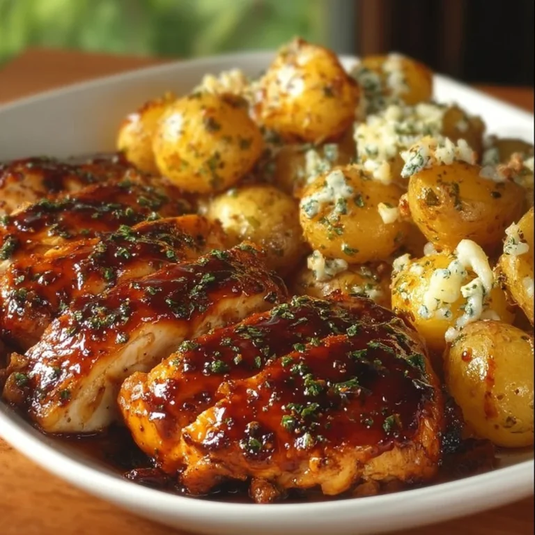 Honey BBQ Chicken served with Garlic Parmesan Potatoes on a plate