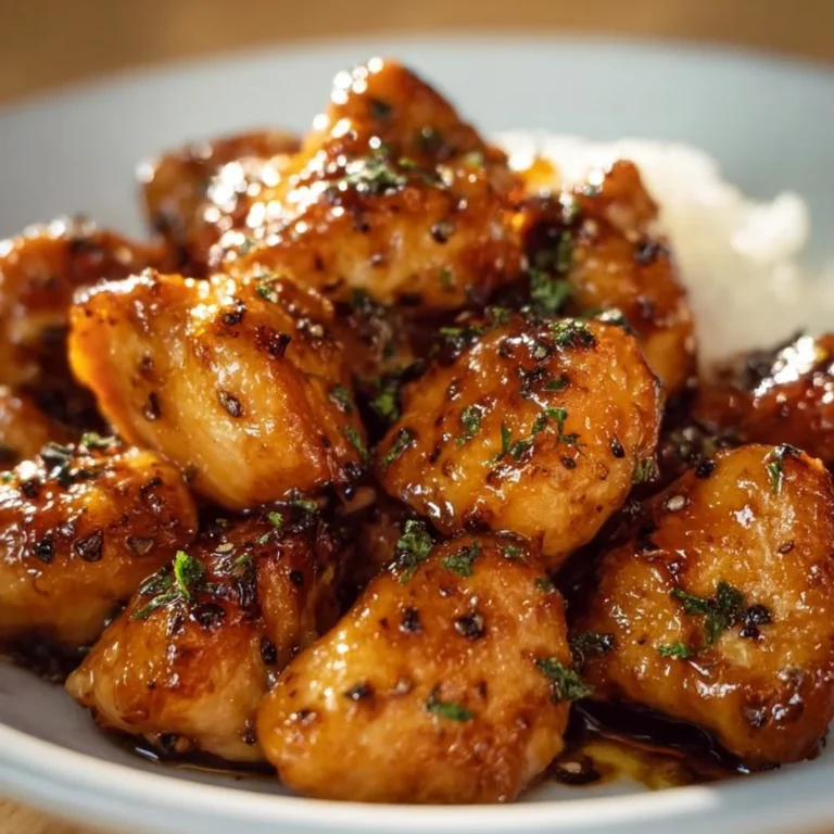 Honey Garlic Chicken Bites served on a platter with herbs