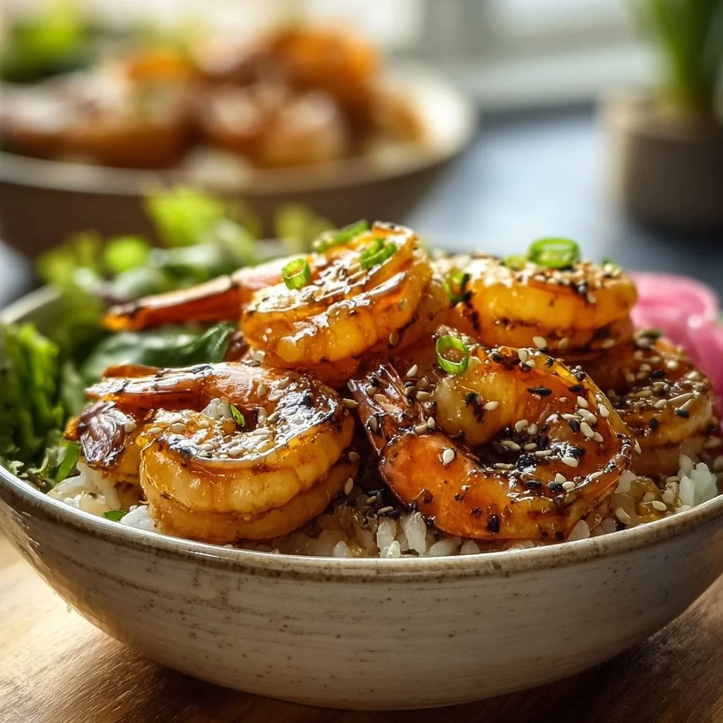 Honey Garlic Shrimp Bowl with colorful vegetables and rice