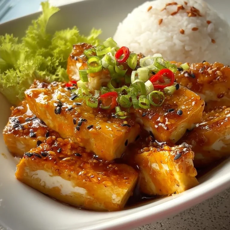Delicious Honey Garlic Tofu served on a plate garnished with herbs