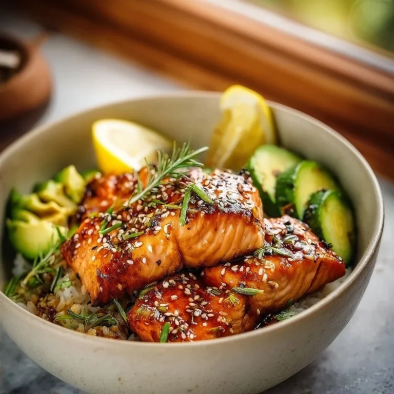 Honey glazed salmon bowl with fresh vegetables and rice, a delicious healthy dinner option.