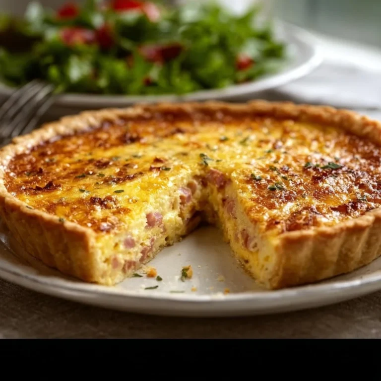 Delicious ham and cheese quiche from Ina Garten served in a pie dish