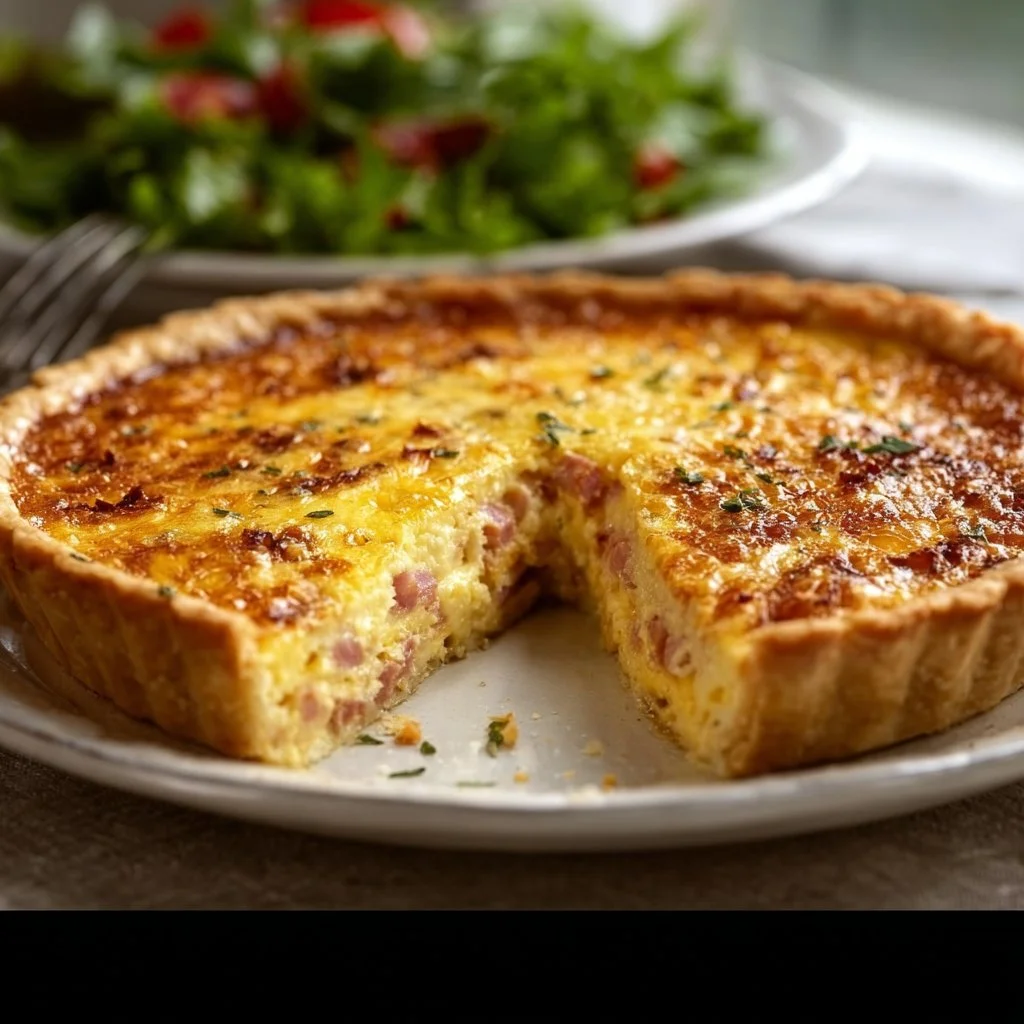 Delicious ham and cheese quiche from Ina Garten served in a pie dish