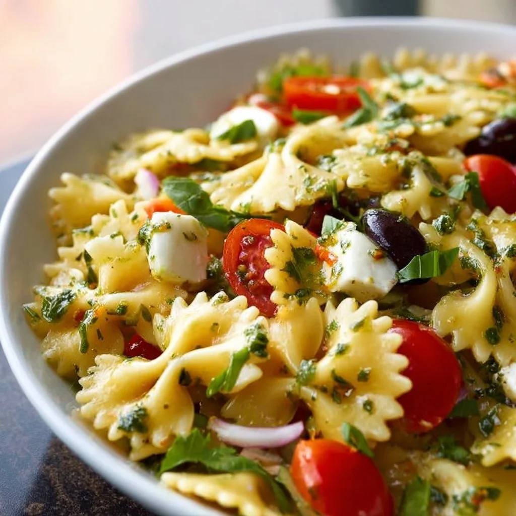 Italian Bow Tie Pasta Salad with fresh vegetables and dressing